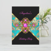 ティール（緑がかった色）ピンク金ゴールドダマスクフローラ誕生日パーティー 招待状 (スタンド正面)