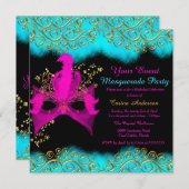 ティール（緑がかった色）ピンク金ゴールドマスクマスカレード誕生日パーティー 招待状 (正面/裏面)