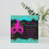 ティール（緑がかった色）ピンク金ゴールドマスクマスカレード誕生日パーティー 招待状 (スタンド正面)