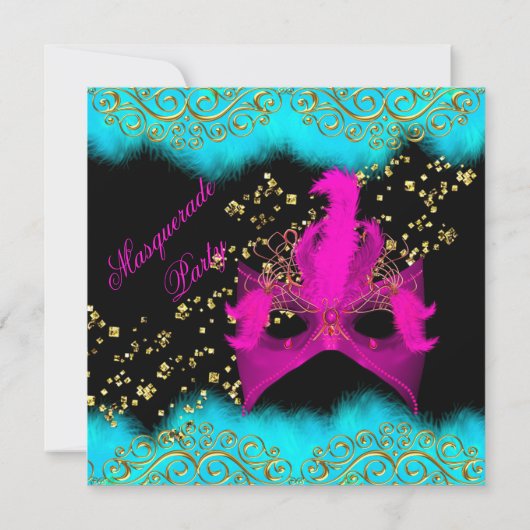 ティール（緑がかった色）ピンク金ゴールドマスクマスカレード誕生日パーティー 招待状 (裏面)