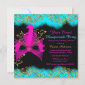 ティール（緑がかった色）ピンク金ゴールドマスクマスカレード誕生日パーティー 招待状 (正面)