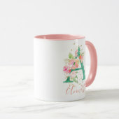 ティール（緑がかった色）ピンク金ゴールド水彩フローラモノグラムA マグカップ (正面右)