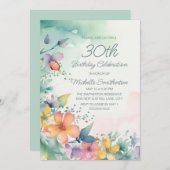 ティール（緑がかった色）ピンク黄色の水彩花30歳の誕生日 招待状 (正面/裏面)