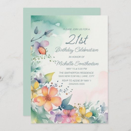 ティール（緑がかった色）ピンク黄色の水色の花21歳の誕生日 招待状 (正面/裏面)