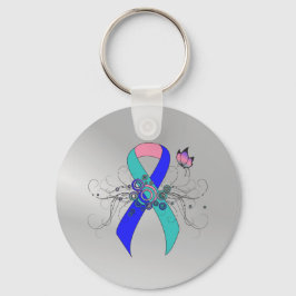 ティール（緑がかった色）/ピンク/ブルーリボン（蝶あり） キーホルダー