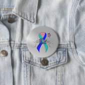 ティール（緑がかった色）/ピンク/ブルーリボン（蝶あり） 缶バッジ (インサイチュ)