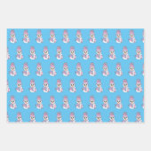 ティール(緑がかった色)、ピンク、ブルー雪だるまクリスマス ラッピングペーパーシート (正面2)