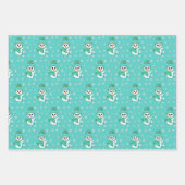 ティール(緑がかった色)、ピンク、ブルー雪だるまクリスマス ラッピングペーパーシート (正面)