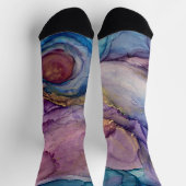 ティール(緑がかった色)、ピンク、紫、金ゴールド抽象芸術アルコールインクアート ソックス (上部)