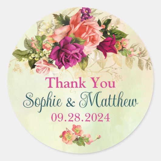 ティール(緑がかった色)、ピンク、緑、金ゴールドはっきりした花模様結婚ズ ラウンドシール (正面)