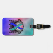 ティール(緑がかった色)/ピンク/羽付き青リボン ラゲッジタグ (正面横)