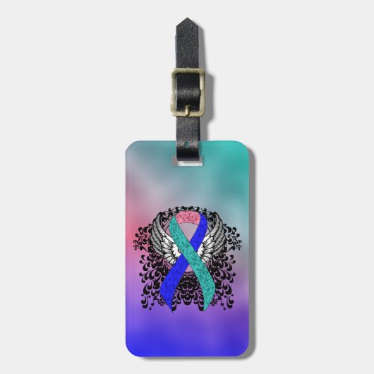 ティール(緑がかった色)/ピンク/羽付き青リボン ラゲッジタグ (正面縦)