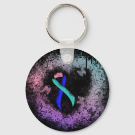 ティール(緑がかった色)/ピンク/青リボンのグランジハート キーホルダー