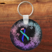 ティール（緑がかった色）/ピンク/青リボンのグランジハート キーホルダー (正面)