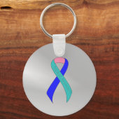 ティール(緑がかった色)/ピンク/青リボンのサポート認識度 キーホルダー (正面)