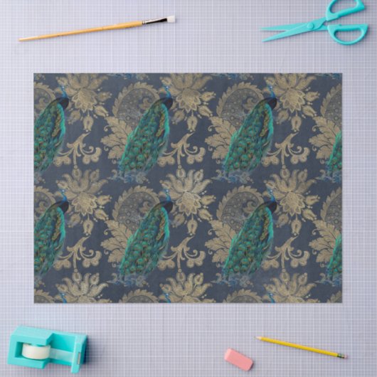 ティール(緑がかった色)ピーコックの青と金ゴールドの分離 薄葉紙 (クラフト)