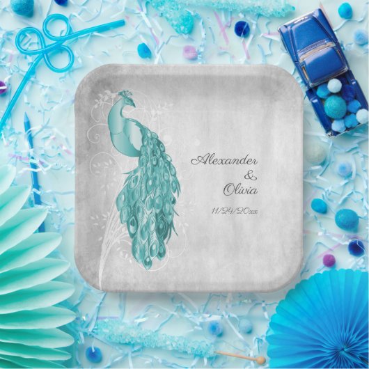 ティール（緑がかった色）ピーコックウェディングシャワー紙プレート ペーパープレート (パーティー)