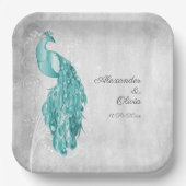 ティール(緑がかった色)ピーコックウェディングシャワー紙プレート ペーパープレート (正面)