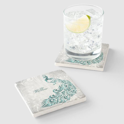 ティール(緑がかった色)ピーコックストーンコースタパーソナライズされたー ストーンコースター (横)