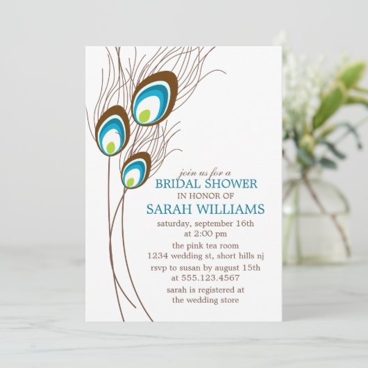 ティール（緑がかった色）ピーコックフェザーズブライダルシャワー 招待状 (スタンド正面)