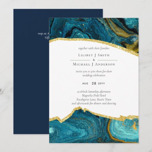 ティール（緑がかった色）ピーコックブルー金ゴールドアゲート結婚ト (正面/裏面)