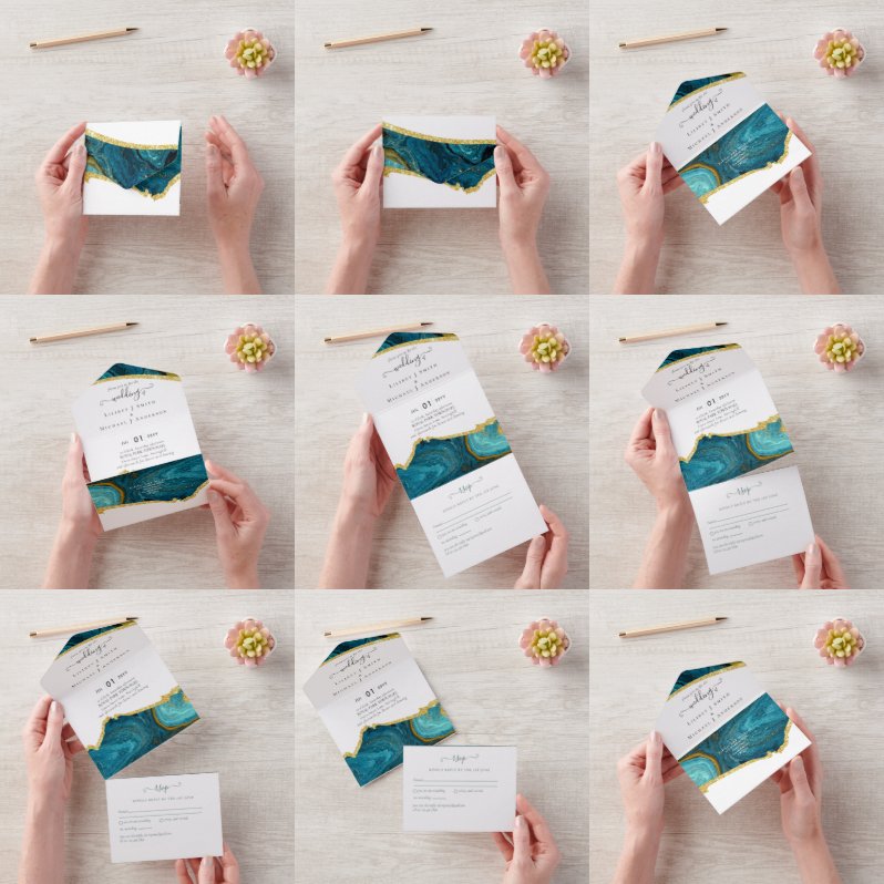 ティール（緑がかった色）ピーコックブルー金ゴールドアゲート結婚ト オールインワン招待状