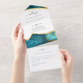 ティール（緑がかった色）ピーコックブルー金ゴールドアゲート結婚ト オールインワン招待状 (貼ってはがせる)