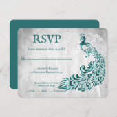 ティール(緑がかった色)ピーコックリーフつる植物ウェディングRSVPカード 出欠カード (正面/裏面)