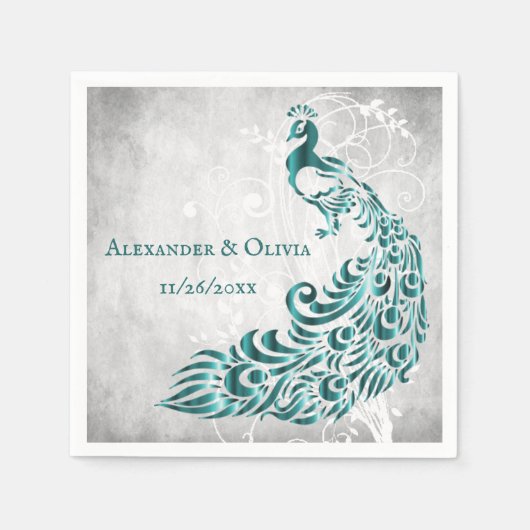 ティール(緑がかった色)ピーコックリーフつる植物ブライダルシャワーナプキン スタンダードカクテルナプキン (正面)