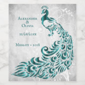 ティール(緑がかった色)ピーコックリーフつる植物結婚ズワインラベル ワインラベル (シングルラベル)