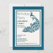 ティール(緑がかった色)ピーコックLシックスタイリッシュデザイン誕生日 招待状 (正面)