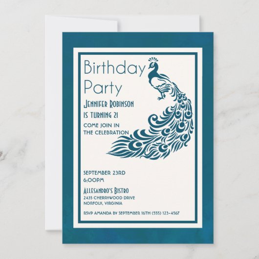 ティール（緑がかった色）ピーコックLシックスタイリッシュデザイン誕生日 招待状 (正面)