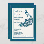 ティール（緑がかった色）ピーコックLシックスタイリッシュデザイン誕生日 招待状 (正面/裏面)