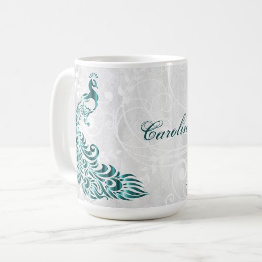 ティール（緑がかった色）ピーコパーソナライズされたックコーヒーマグ コーヒーマグカップ (正面左)