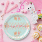 ティール（緑がかった色）ピーチアンドピンクフローラ紙プレート ペーパープレート (パーティー)