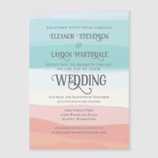 ティール（緑がかった色）ピーチウォーターカラーサンセットアウトドア結婚ーズ マグネット招待状 (正面)