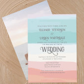 ティール(緑がかった色)ピーチウォーターカラーサンセットアウトドア結婚ーズ 招待状