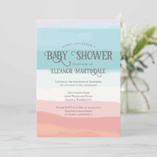 ティール(緑がかった色)ピーチウォーター男女兼用カラーベビーシャワー 招待状 (スタンド正面)