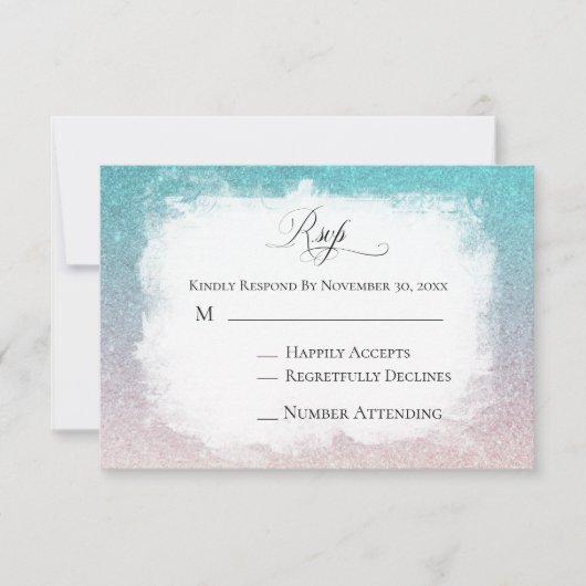 *~*ティール（緑がかった色）ピーチグリッタービーチAR4ウェディングRSVP 出欠カード (正面)