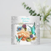 ティール（緑がかった色）ピーチバラバタフライシルバーホワイトお祝い 招待状 (スタンド正面)