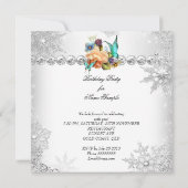 ティール（緑がかった色）ピーチバラバタフライシルバーホワイトお祝い 招待状 (裏面)