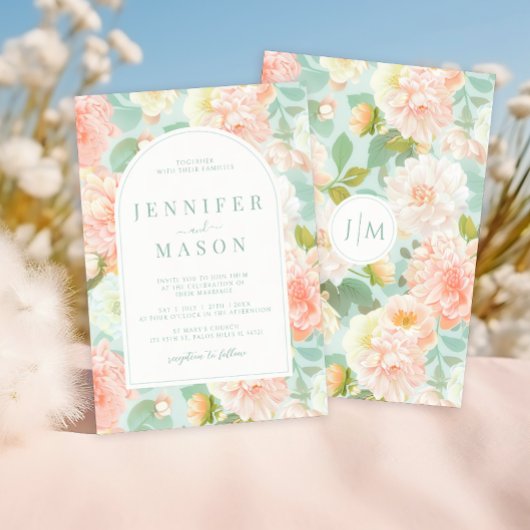 ティール（緑がかった色）ピーチピンクフローラクラシック結婚式招待状 招待状