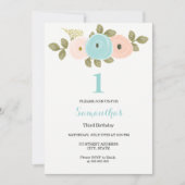 ティール（緑がかった色）ピーチフラワーガールまたは男の子1st誕生日パーティー 招待状 (正面)