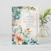 ティール(緑がかった色)ピーチフローラグリーンリー金ゴールド結婚式招待状 招待状 (スタンド正面)