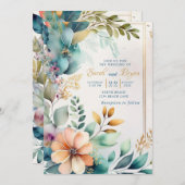 ティール(緑がかった色)ピーチフローラグリーンリー金ゴールド結婚式招待状 招待状 (正面/裏面)