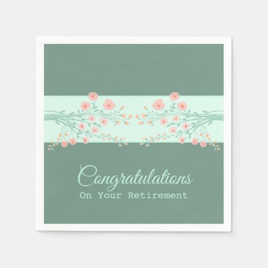 ティール（緑がかった色）ピーチ及びピンクフローラ スタンダードカクテルナプキン (正面)