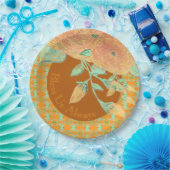 ティール（緑がかった色）ピーチ及びブラウンズ付き金ゴールド ペーパープレート (パーティー)