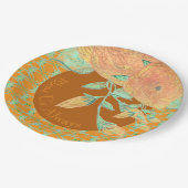 ティール（緑がかった色）ピーチ及びブラウンズ付き金ゴールド ペーパープレート (アングル)