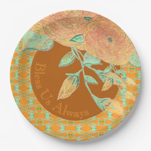 ティール（緑がかった色）ピーチ及びブラウンズ付き金ゴールド ペーパープレート (正面)