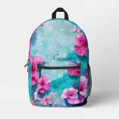 ティール(緑がかった色)ファンシーとピンクの水色ハイビスカスフラワー プリントバックパック (正面)